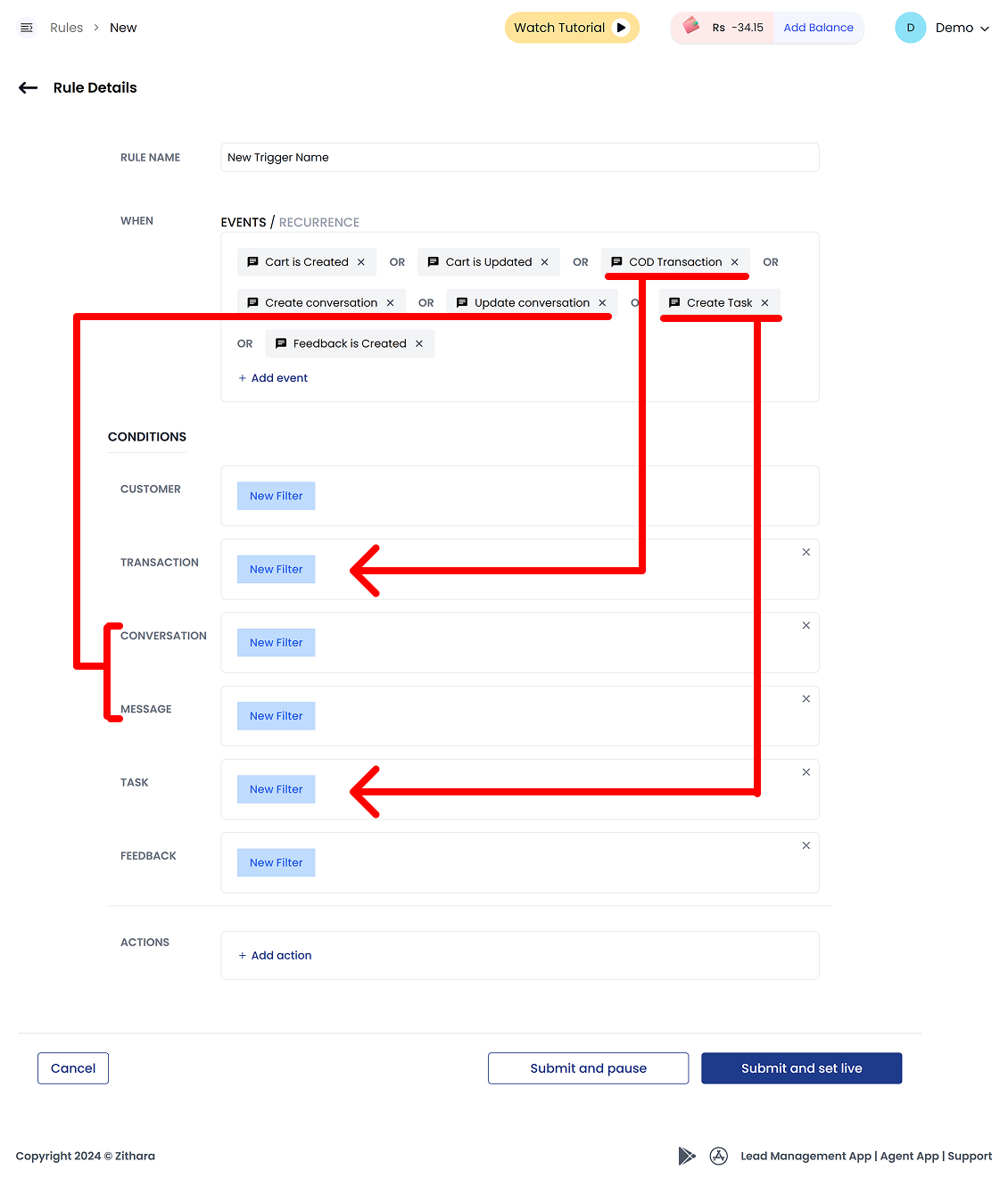 Arrows from events to the condition sections they belong to, such as COD Transaction to Transaction and Create Task to Task, far apart on the page
