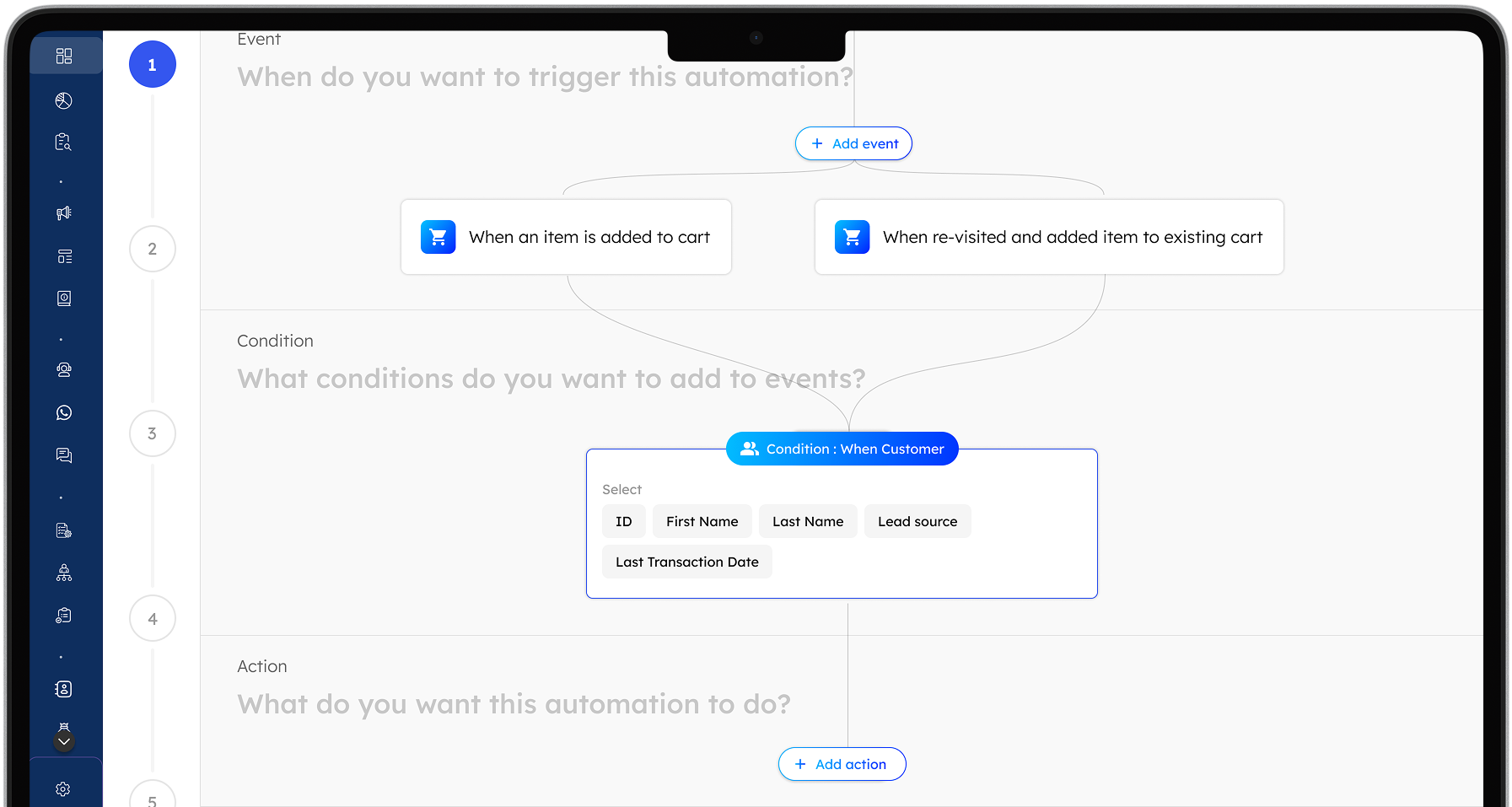 Design iteration 1: the automation builder in 5 steps, with two events added and a customer condition below them