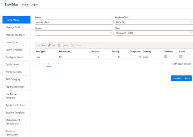 An existing fee template in the test environment: name, academic year, stream and class, with a table of fee types and amounts