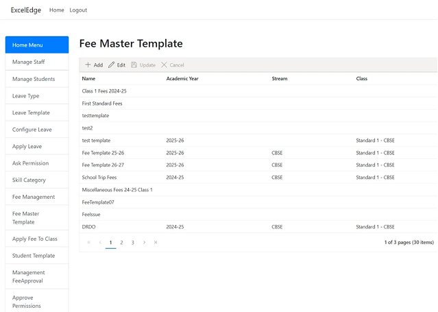 The existing Fee Master Template list in the test environment: a long list of templates, each tied to an academic year, stream and class