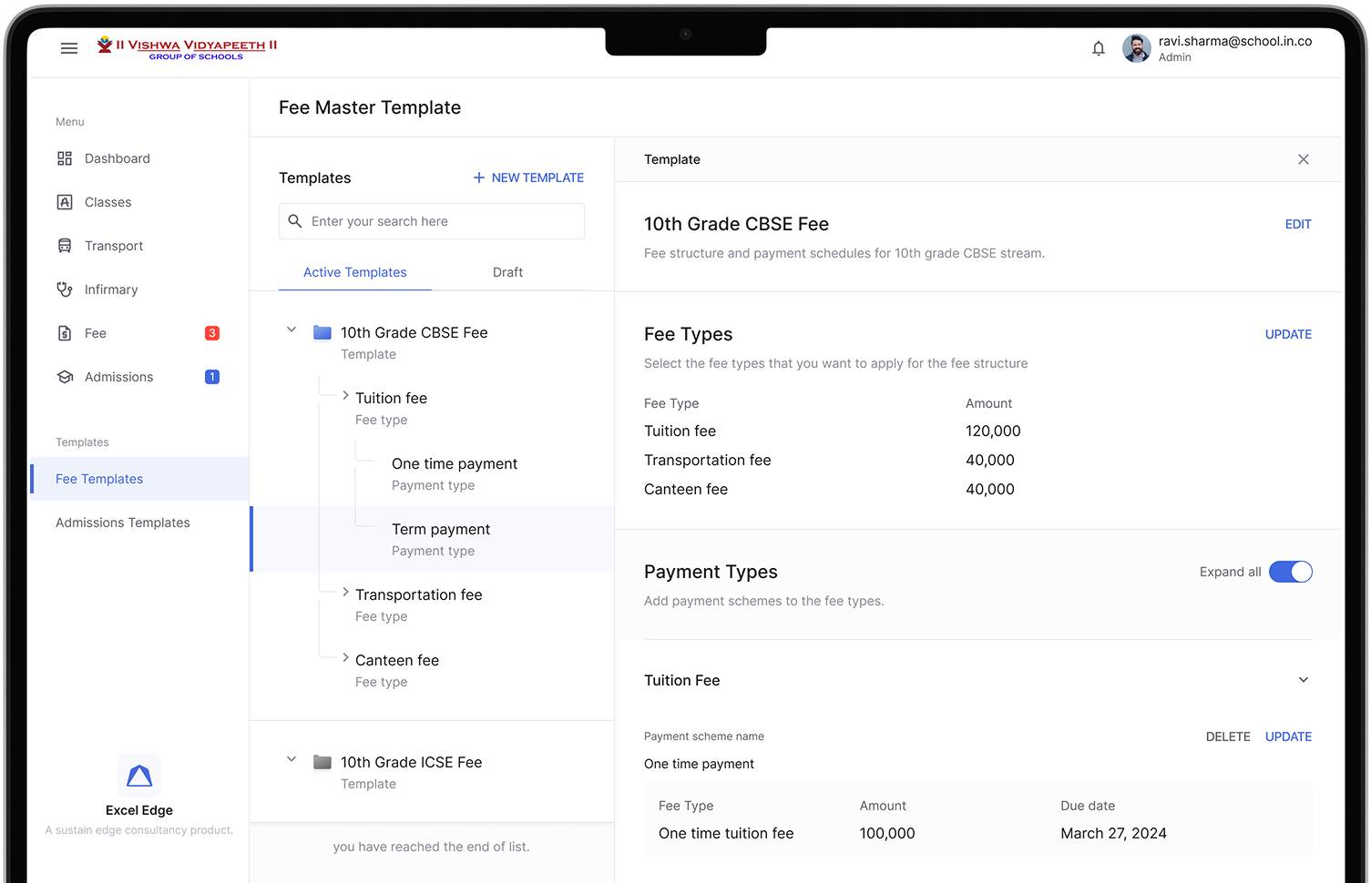 The redesigned Fee Master Template: one template holding its fee types, amounts and payment types