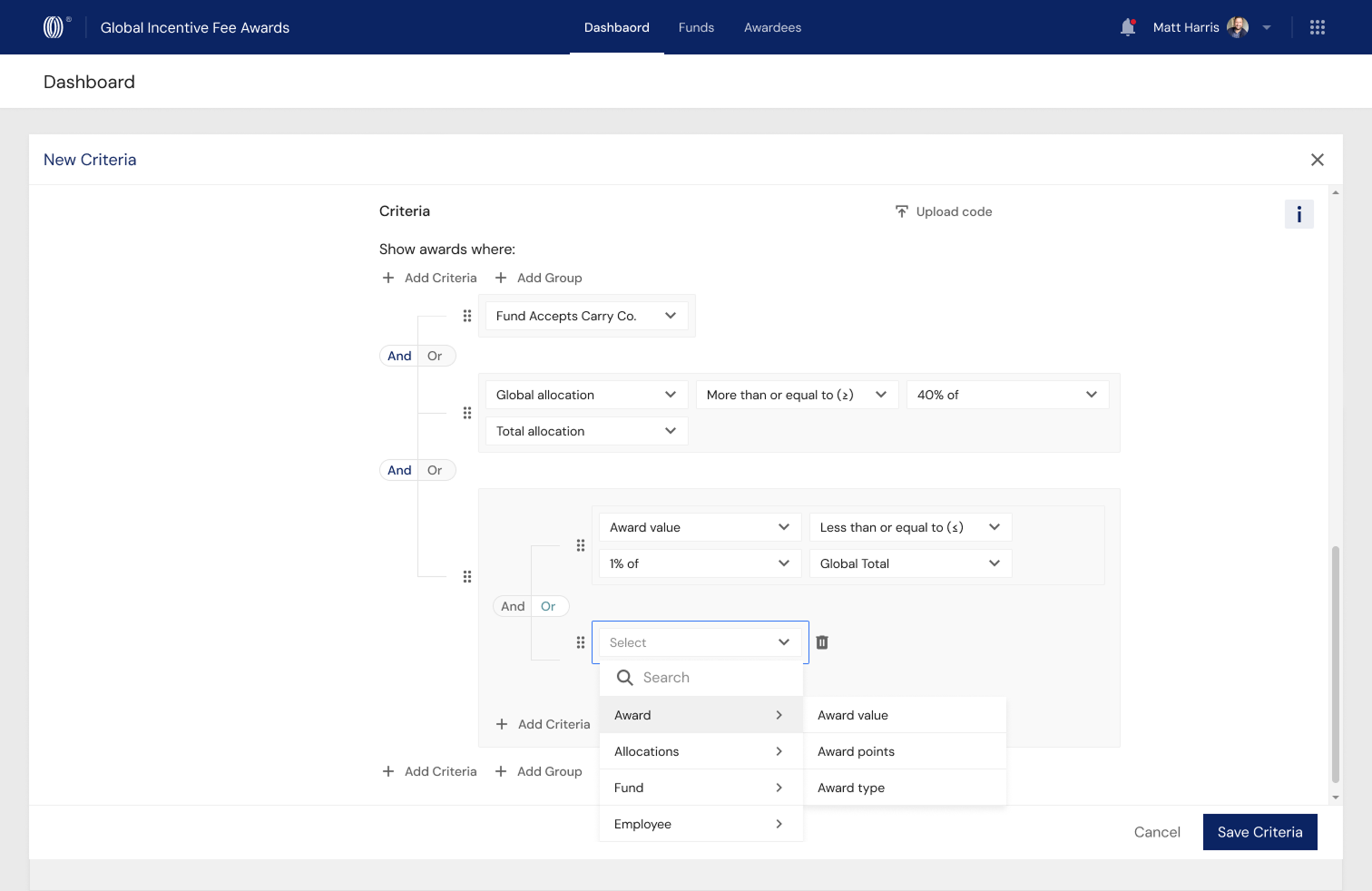 New criteria editor: conditions on allocation and award value built with and/or groups and a field picker